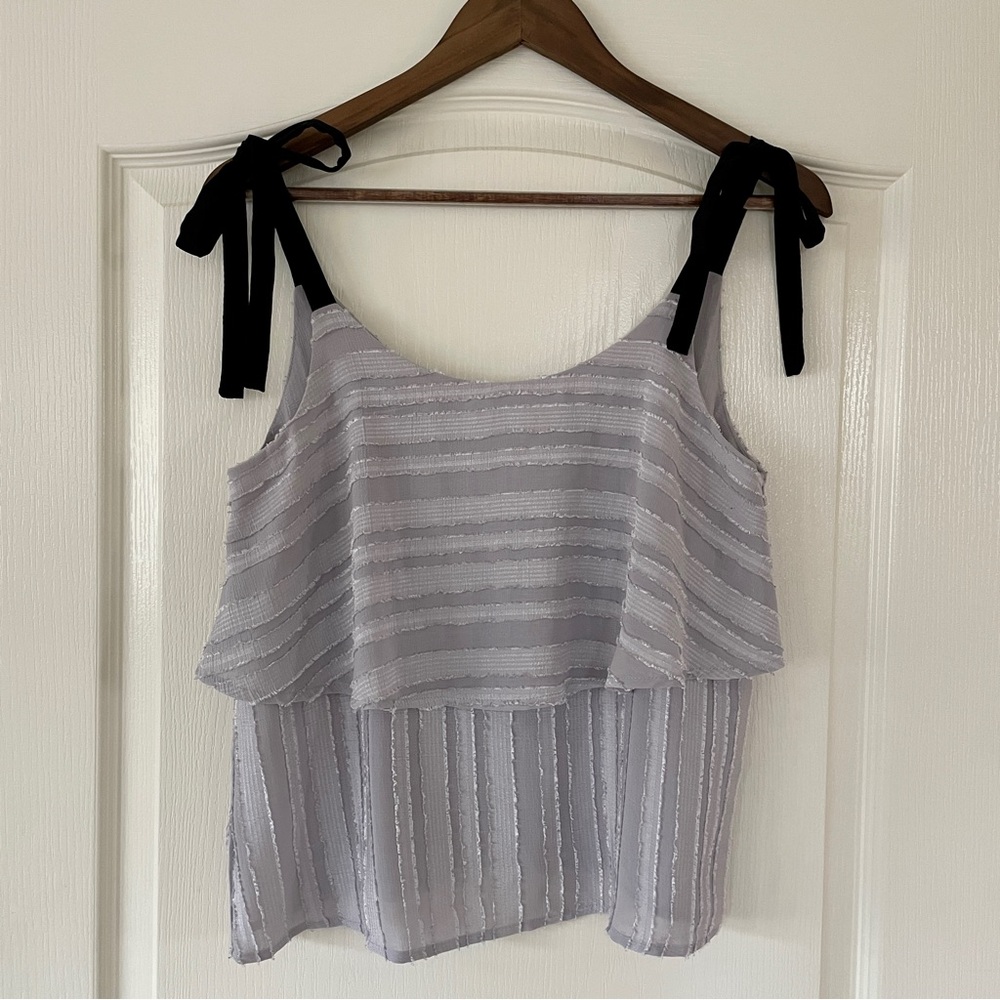 Elodie Anthropologie Tiered Ribbon Tie Tank Top Lavender Grey Textured Stripe S